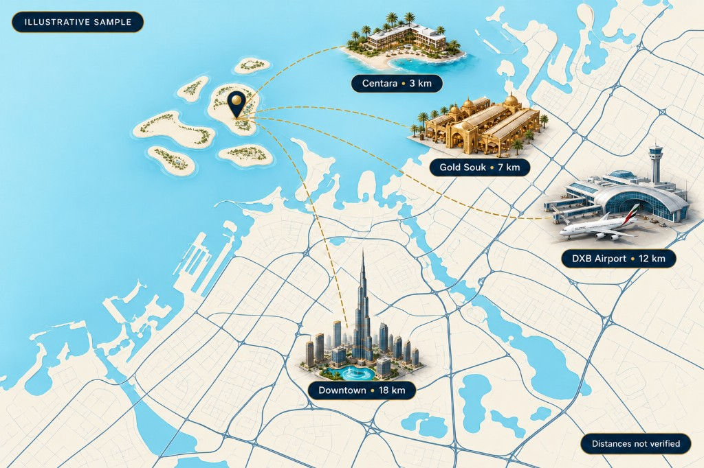 Illustrative sample map of Dubai Islands. A gold pin marks this penthouse, with sample routes toward Centara, the Gold Souk, DXB Airport, and Downtown Dubai. The map is labelled illustrative sample, and its distances are not verified.