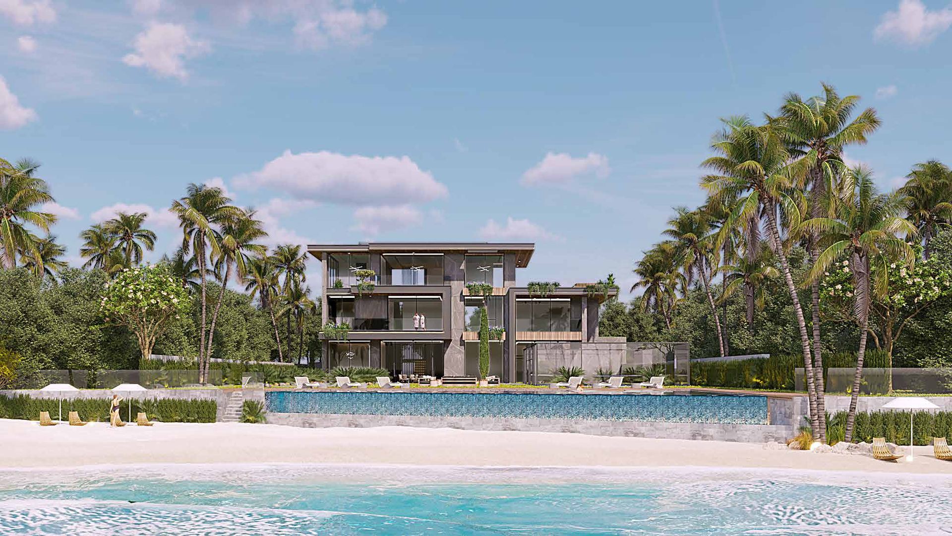 Developer rendering of the beachfront elevation of Beachfront Mansion 5, with the pool between the house and the sea.
