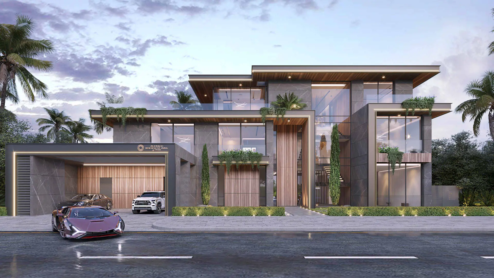Developer rendering of the street elevation of Beachfront Mansion 5 at dusk.