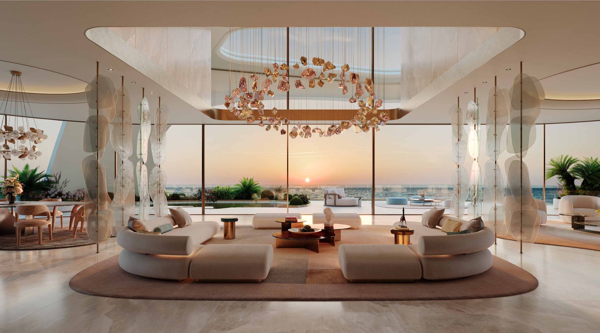 Developer rendering of a living room with a sunset beyond the glass.