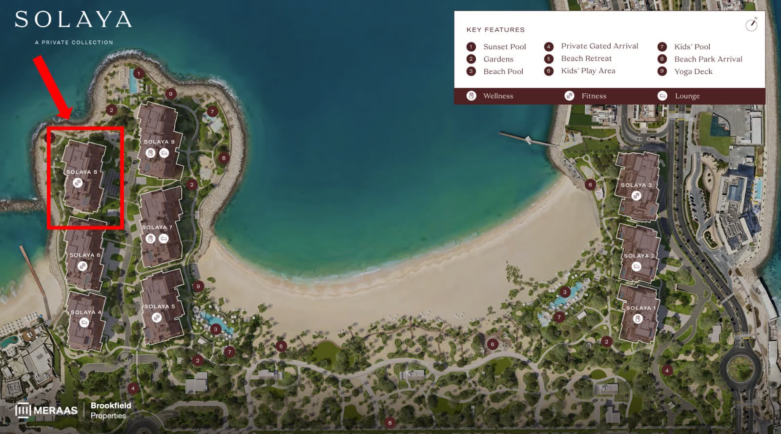 Broker-supplied Solaya masterplan with a red annotation on Building 8.